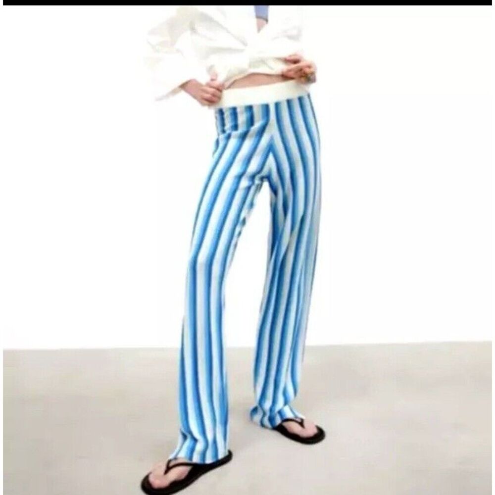 Zara Blue and White Striped Wide Leg Pants